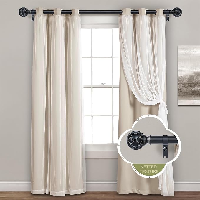 Black Adjustable Curtain Rods for Windows:66-120" Farmhouse Heavy Duty Curtain Rod for Bedroom Living Room,Boho Decorative Rustic Drapery Rods with Vintage Coastal Texture Finial,Matte Black-Ruum Studio Home