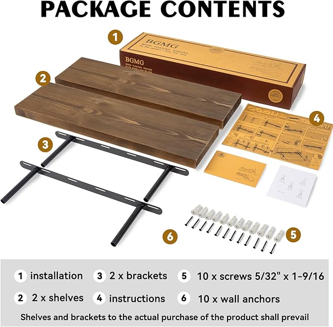 BGMG Wood Floating Shelves for Wall 24 inch Set of 2, Rustic Wooden Wall Mount Shelves for Bathroom Living Room Bedroom Kitchen Farmhouse -24x 6.7 x1.25 inch- Walnut Color-Ruum Studio Home