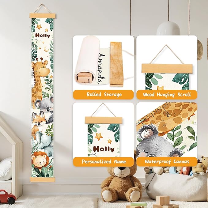 Personalized Name Growth Chart Wall Decor for Kids – Canvas Removable Height Chart Measuring Ruler 59" x 7.9" (Cute Animals)-Ruum Studio Home