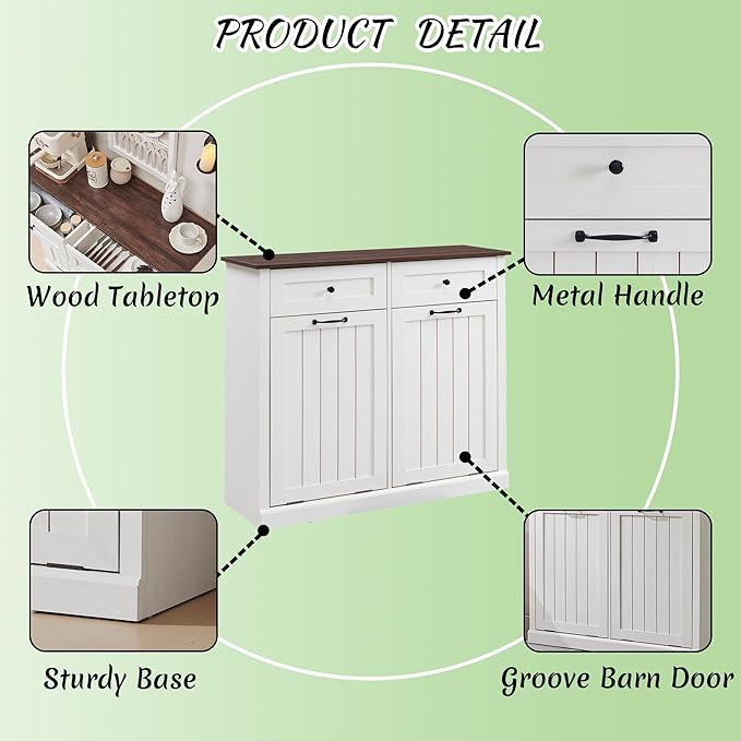 Double Tilt Out Laundry Hamper Cabinet, 20 Gallon Farmhouse Trash Can Cabinet with Drawer, Hidden Wood Garbage Can Bin Cabinets with Laundry Storage Basket for Bathroom, Kitchen (Antique White)-Ruum Studio Home