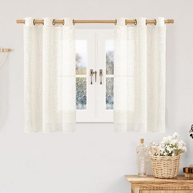 LAMIT Cream Linen Sheer Curtains 54 Inch Length 2 Panels Set, Short Linen Textured Light Filtering Panels Bronze Grommet Neutral Drapes for Small Windows/Bedroom/Kitchen, 34 x 54 Inch-Ruum Studio Home