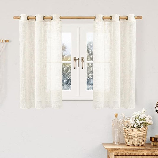 LAMIT Cream Linen Sheer Curtains 54 Inch Length 2 Panels Set, Short Linen Textured Light Filtering Panels Bronze Grommet Neutral Drapes for Small Windows/Bedroom/Kitchen, 34 x 54 Inch-Ruum Studio Home