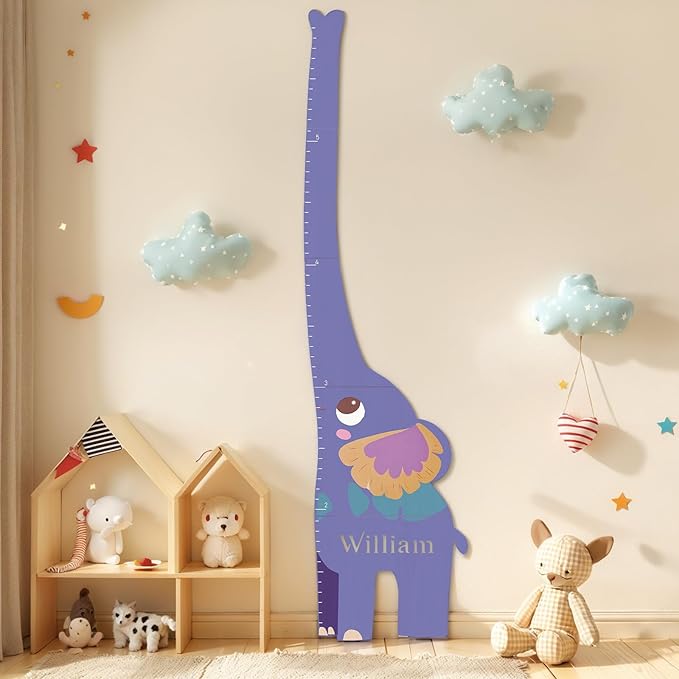 Personalized Name Growth Chart for Kids, Elephant Patchwork Wooden Height Chart for Wall Decor, Custom Height Ruler, Baby Boy Girl Measurement Ruler for Bedroom Playroom, Easy to Mark-Ruum Studio Home