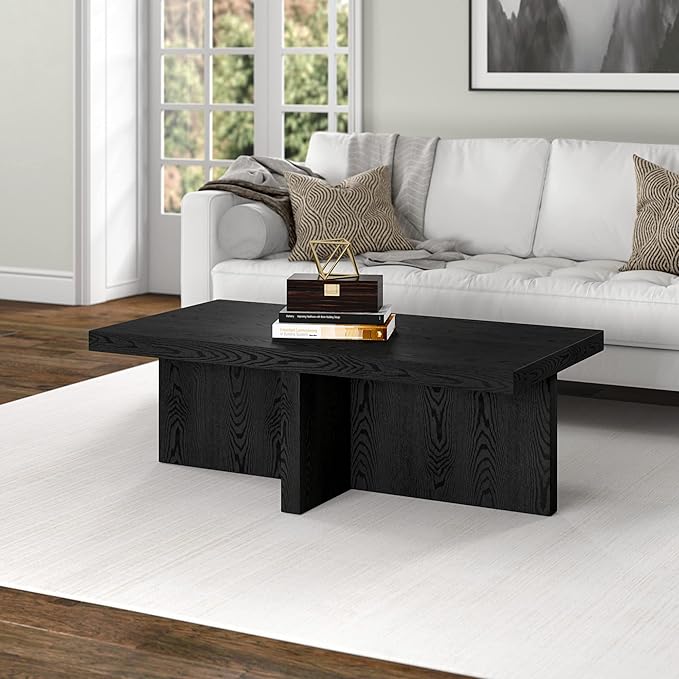 Henn&Hart 44" Rectangular Wood Pedestal Low-Profile Coffee Table for Living Room, Family Room, or Office, Black Grain-Ruum Studio Home