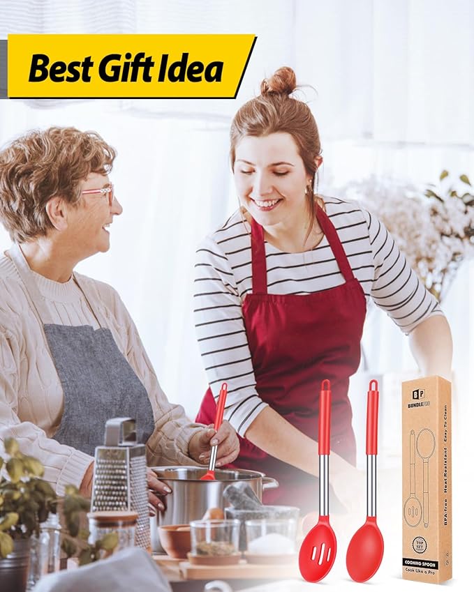 Pack of 2 Large Silicone Cooking Spoons,Non Stick Solid Basting Spoon,Heat-Resistant Kitchen Utensils for Mixing,Serving,Draining,Stirring (RED)-Ruum Studio Home