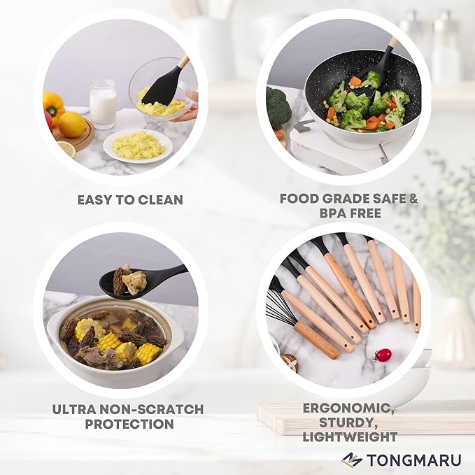 Silicone Cooking Utensils Set, Premium Beech Wood Handle Kitchen Gadgets Utensil Set, Non-Stick Kitchen Utensils Spatula, Tongs, Turner, Whisk, Brush, Spoon, BPA FREE, 446°F Resistant (Black)-Ruum Studio Home