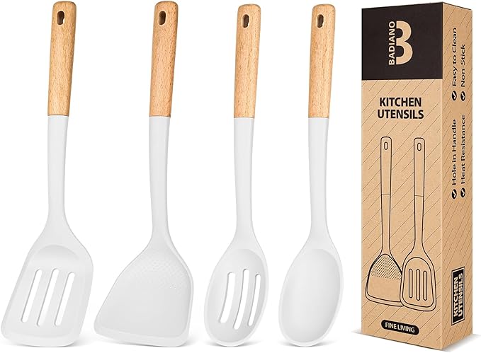 Silicone Cooking Utensils Set, Perfectly Angled for Frying, Mixing,Serving,Draining,Turning and Stirring, BPA-Free Matte Silicone, Wood Handles, Safe for Nonstick Cooking Surfaces,4 Pack (White)-Ruum Studio Home