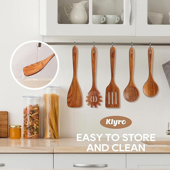 Teak Kitchen Utensils Set, 5 Piece Premium Wooden Cooking Utensils Set, Non-Stick Heat-Resistant Wooden Spoons for Cooking, New Apartment Essentials-Ruum Studio Home