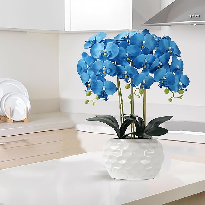 Orchid Artificial Flowers with White Vase Large Silk Faux Phalaenopsis Flowers for Dining Room Table Floral Centerpieces Indoor Decoration,Blue-Ruum Studio Home