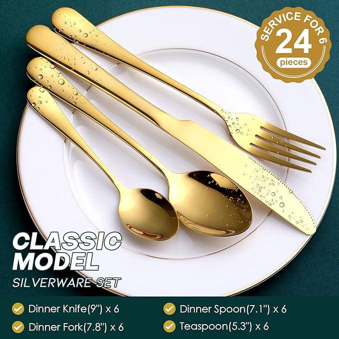Gold Silverware Set, OGORI 24-Piece Food Grade Stainless Steel Gold Flatware Set, Kitchen Utensil Set Service for 6, Mirror Polished Tableware Cutlery Set for Home and Restaurant, Dishwasher Safe-Ruum Studio Home