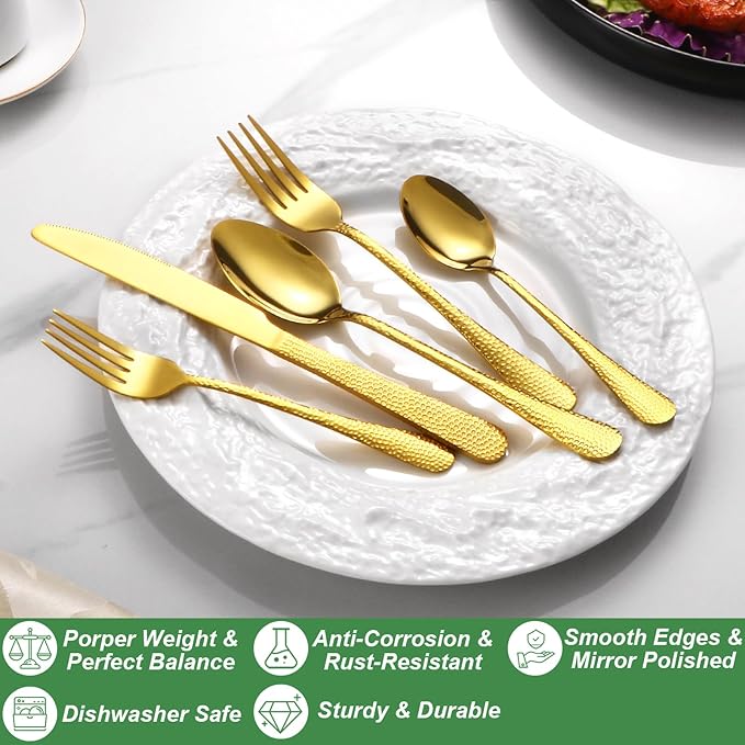 20 Pcs Gold Silverware Set for 4 with Hammered Design, Food Grade Stainless Steel Flatware Set, Eating Utensils Sets Include Fork/Knife/Spoon, Cutlery Set, Dishwasher Safe-Ruum Studio Home