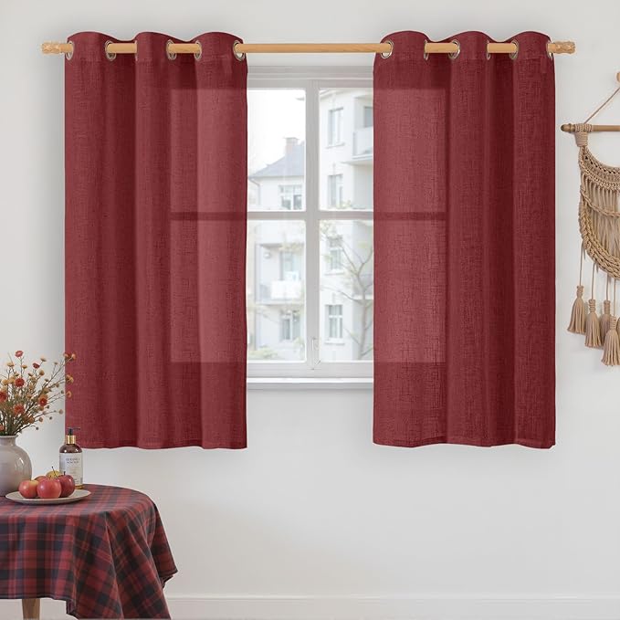 LAMIT Burgundy Red Linen Curtains 48 Inch Length 2 Panels, Light Filtering Semi Sheer Panels Bronze Grommet Christmas Decor Drapes for Small Windows/Kitchen/Bedroom, 34 x 48 Inch-Ruum Studio Home
