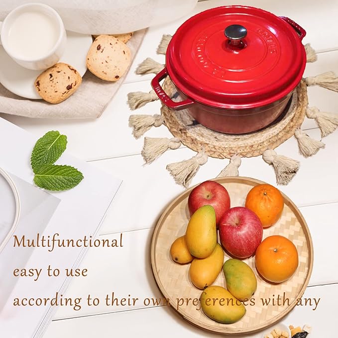 Boho Wall Basket Decor Set - Flat Woven Macrame Tapestry, Mirror White Round Tassels, Handmade Rattan Wicker Seagrass Wall Basket-Ruum Studio Home