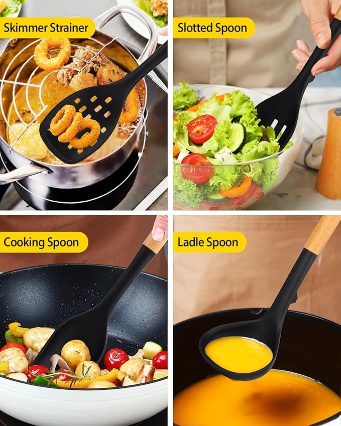 Silicone Kitchen Utensil Set for Non Stick Cookware, 7 Pcs Heat Resistant Cooking Utensils with Wooden Handle, BPA Free Kitchen Tools with Spatulas, Spoons, Skimmer and Pasta Fork (BLACK)-Ruum Studio Home