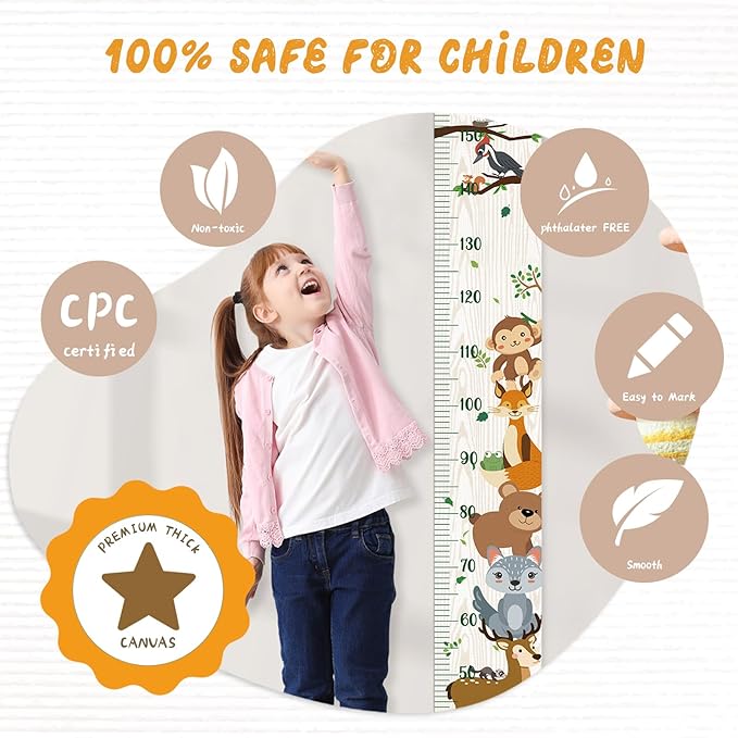 Personalized Name Growth Chart Wall Decor for Kids – Canvas Removable Height Chart Measuring Ruler 59" x 7.9" (Zoo)-Ruum Studio Home