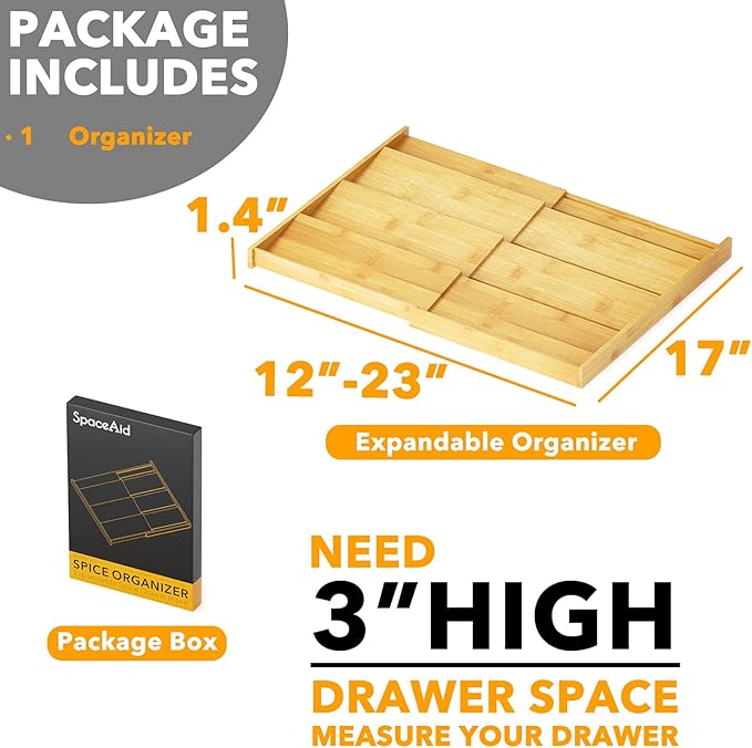 SpaceAid Bamboo Spice Drawer Organizer, (Need 3" Deep Drawer) Expandable 4 Tier Spices Rack for Cabinet, Kitchen Seasoning Storage Insert (Jars Not Included, From 12" to 23" Wide)-Ruum Studio Home