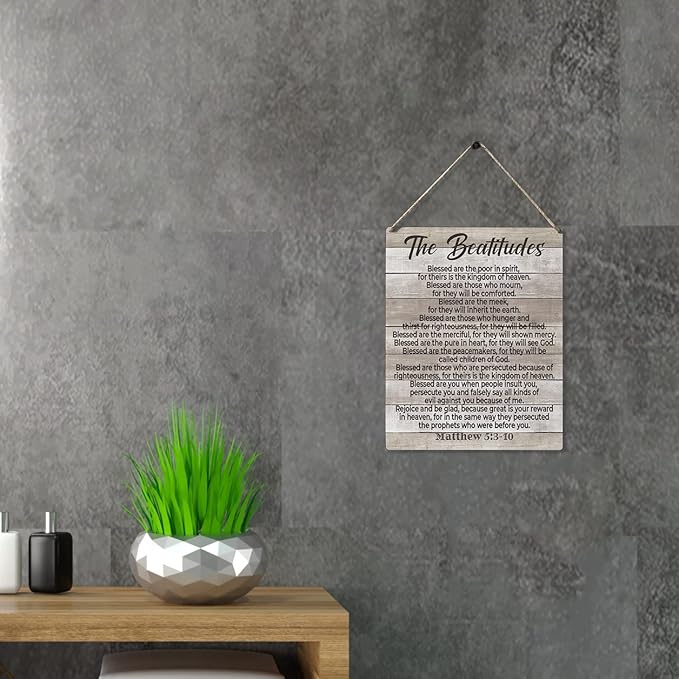 Inspirational Bible Gift Signs the Beatitudes Blessed are the Poor in Spirit for Theirs is the Kingdom of Heaven Wooden Hanging Sign Religious Scripture Art Wall Home Decoration 10 x 8 Inches-Ruum Studio Home