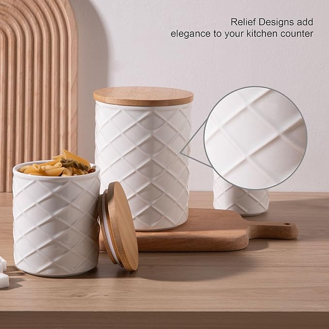 Sweejar Ceramic Canisters Sets for Kitchen Countertop, Relief Food Storage Jar with Bamboo Lid, Stackable Container for Flour, Coffee, Pasta, Cereal, Tea, Cookies, Sugar, Spices, Pack of 4 (White)-Ruum Studio Home