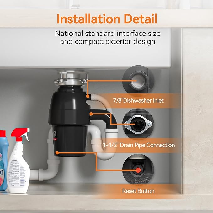 3/4 HP Garbage Disposal, TECASA Food Garbage Disposal with Power Cord, Stainless Steel Grinding System and 3-Bolt Mounting, Continuous Feed Garbage Disposals, Quiet, Taskmaid Series 75-Ruum Studio Home