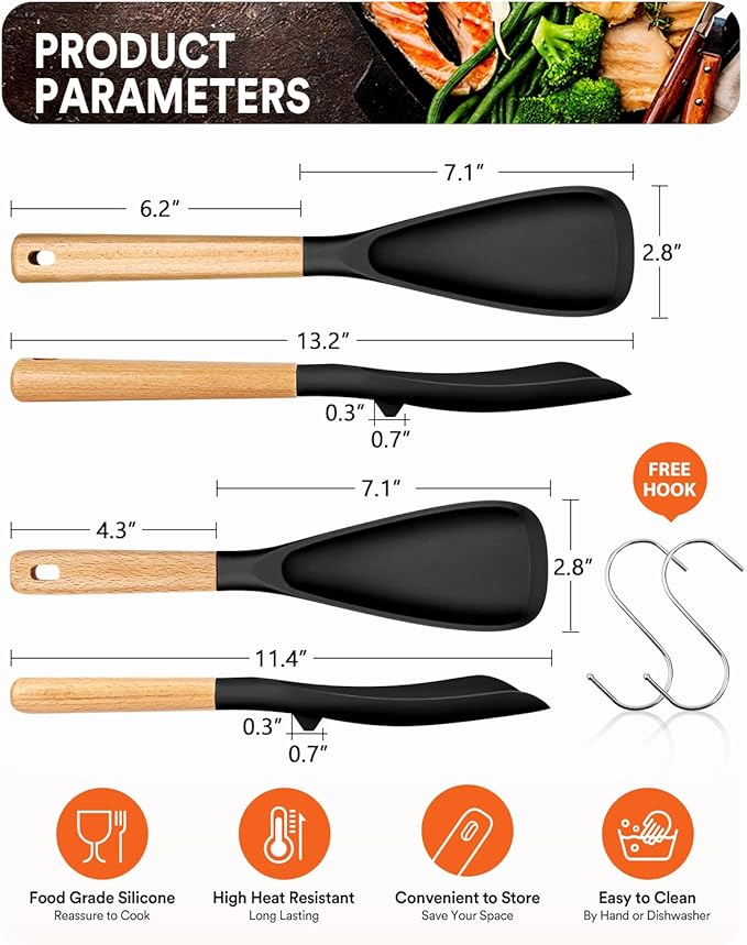 Multifunction Spatula Spoon for Nonstick Cookwares, Great for Cooking and Serving, Sturdy BPA-Free Matte Silicone, Wood Handle Spatula for Mixing, Scoop, and Scrape, Black(2 pack,11.4" & 13.4")-Ruum Studio Home