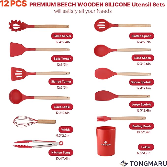 Silicone Cooking Utensils Set, Premium Beech Wood Handle Kitchen Gadgets Utensil Set, Non-Stick Kitchen Utensils Spatula, Tongs, Turner, Whisk, Brush, Spoon, BPA FREE, 446°F Resistant (Red)-Ruum Studio Home