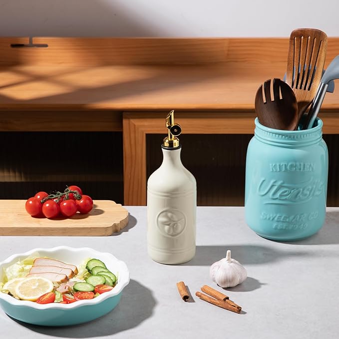 Sweejar 16 Oz Ceramic Olive Oil Dispenser Bottle, Oil Dispenser for Kitchen with Gravity Spout, Relief Opaque Oil Container for Evoo, Avocado Oil, Vinegar, Soy Sauce, 1 Pack(Beige, Gold Spout)-Ruum Studio Home