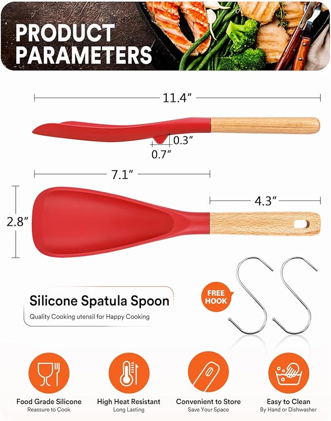 Cooking Spoon for Nonstick Cookwares, Great for Cooking and Serving Sturdy BPA-Free Matte Silicone, Wood Handle Spoon for Mixing, Scoop, and Scrape (2 Pack of Red, 11.4 inch)-Ruum Studio Home