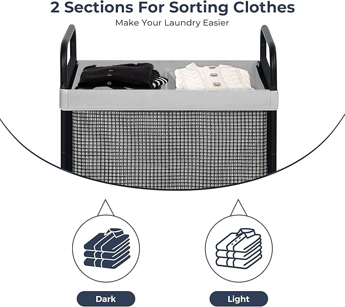 STO STO Laundry Hamper 2 Section, 100L Rolling Laundry Sorter Cart with Removable and Washable Liner Bag, Rolling Clothes Hamper with Metal Handle for Laundry Room and Bedroom, Gray-Ruum Studio Home