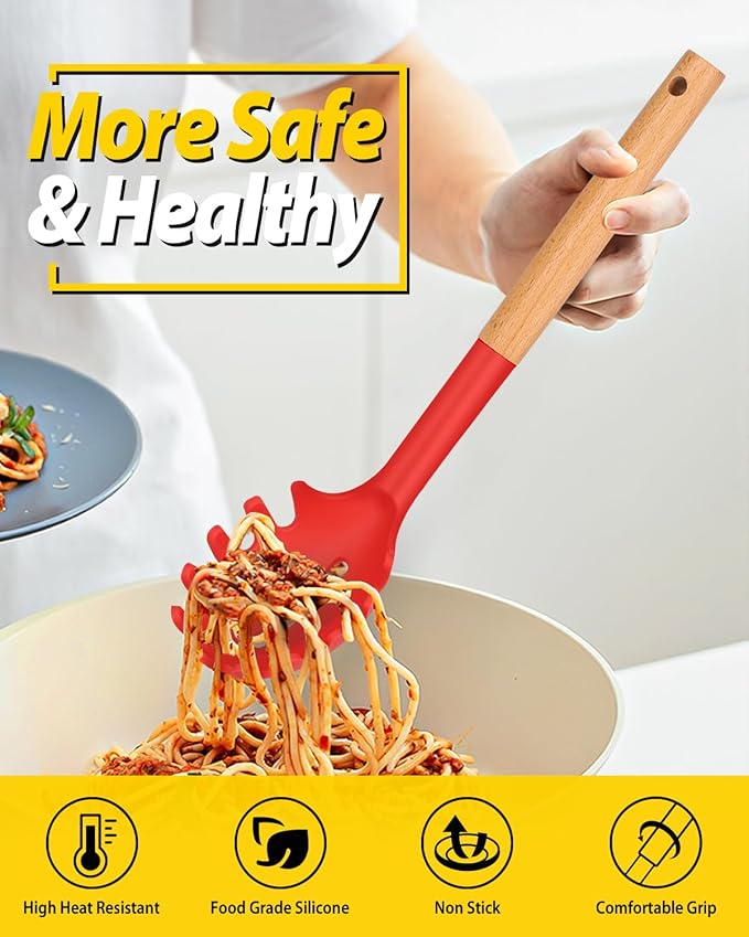 Silicone Pasta Fork and Ladle Spoon Set with Wooden Handle, Heat Resistant Non Stick Kitchen Utensils for Cooking, Stirring, Serving Spaghetti, Soup, Sauce(RED)-Ruum Studio Home
