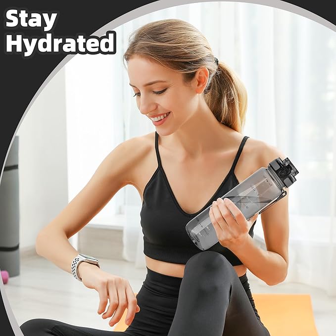 OLDLEY 32 oz Water Bottle, Motivational Water Bottle with Time Marker, Sports Water Bottle With Strap, Leakproof & BPA Free Large Water Bottles for School, Gym,Outdoor, Tritan, Transparent-Gray-Ruum Studio Home