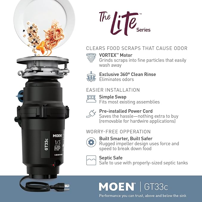 Moen GT33C Lite Series 1/3 Horsepower Continous Feed Garbage Disposal featuring Fast Track Technology, Power Cord Included-Ruum Studio Home