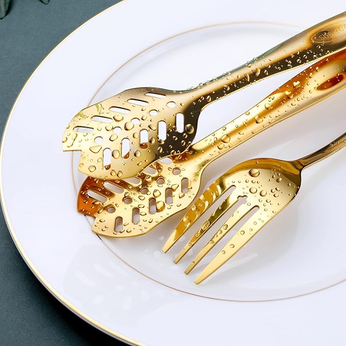 Gold Serving Utensils, OGORI 10-Piece Polished Stainless Steel Gold Serving Utensils Set Include Serving Spoons, Slotted Serving Spoon, Serving Tongs, Serving Fork, Salad Fork, Soup Ladle, Pie Server-Ruum Studio Home