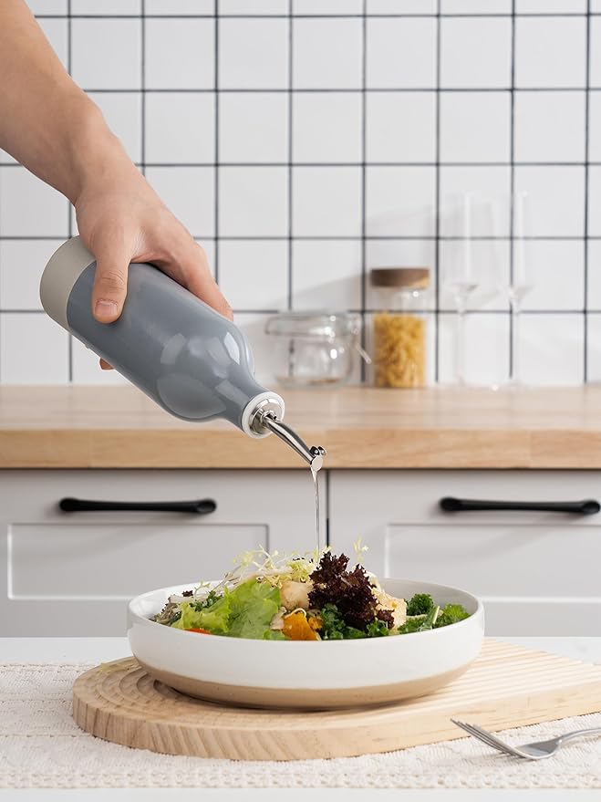 famiware Milkyway 16oz Ceramic Olive Oil Dispenser Bottle, 1 Piece Oil Dispenser for Kitchen with Stainless Steel Pourers, Suitable for Storage Vinegar, Soy Sauce, Coffee Syrup, Liquids, Dark Gray-Ruum Studio Home