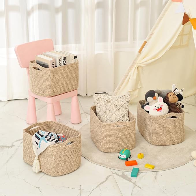 Storage Baskets for Organizing & Shelves, Woven Cotton Rope Organization Bins for Dog Toys, Clothes, Books, Nursery Organizer, 15" Lx11''Wx9.5''H, (4 Packs) Brown-Ruum Studio Home
