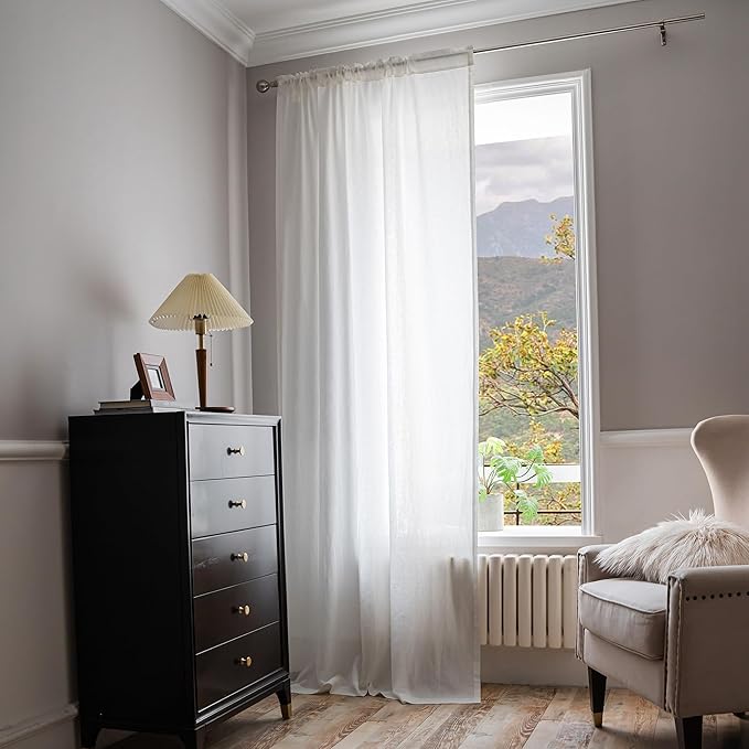 MYSKY HOME White Linen Curtains for Living Room, 100% Linen Natural Semi Sheer Curtains & Drapes 84 inches Length 2 Panels Farmhouse Country Light Filtering Bedroom Window Rod Pocket, 50" Wide, White-Ruum Studio Home