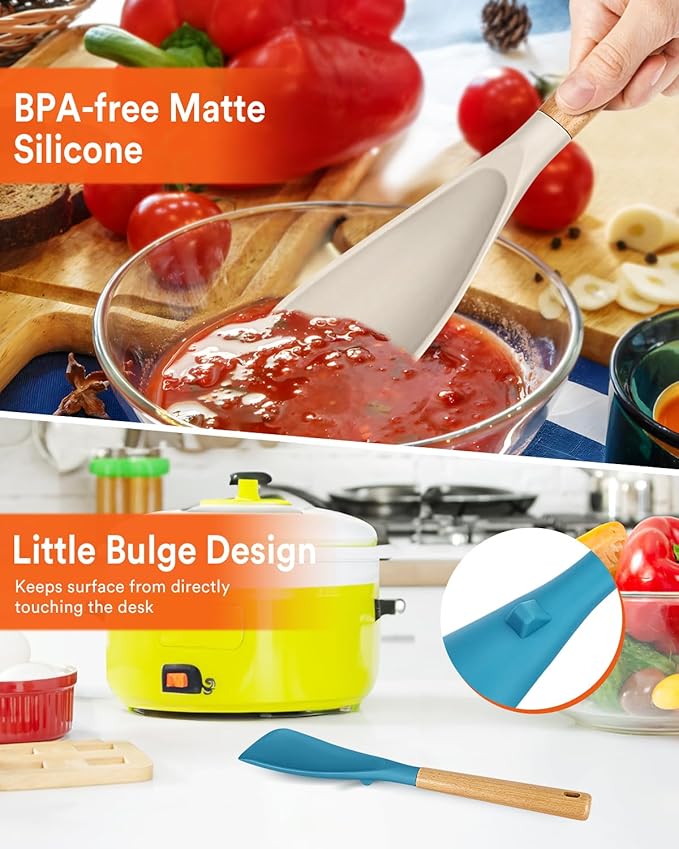 Cooking Spoon for Nonstick Cookwares, Great for Cooking and Serving Sturdy BPA-Free Matte Silicone, Wood Handle Spoon for Mixing, Scoop, and Scrape (Khaki & Turquoise, 13.4 inch)-Ruum Studio Home