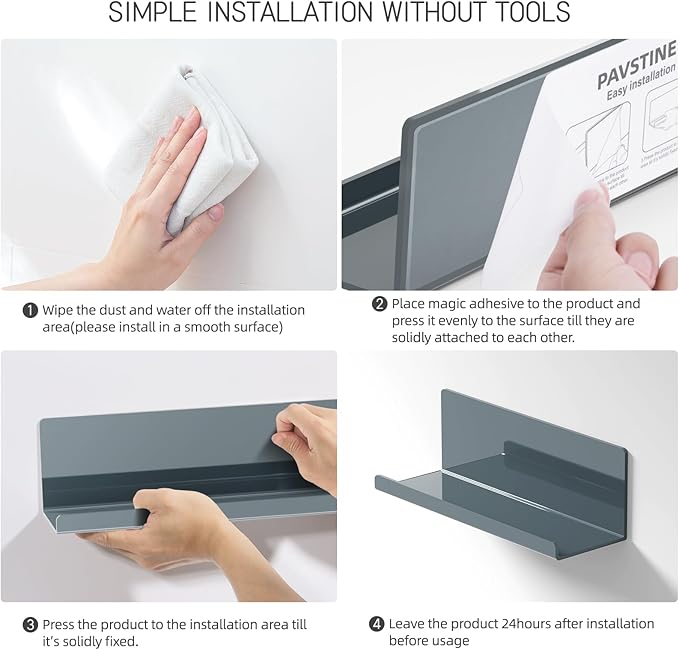 Adhesive Floating Shelves for Wall No Drilling, 12 Inch Acrylic Self Adhesive Shelves, Stick on Shelves, Dorm Wall Shelf, for Bathroom, Kitchen, Bedroom, Office, Gaming Room, Gray-Ruum Studio Home