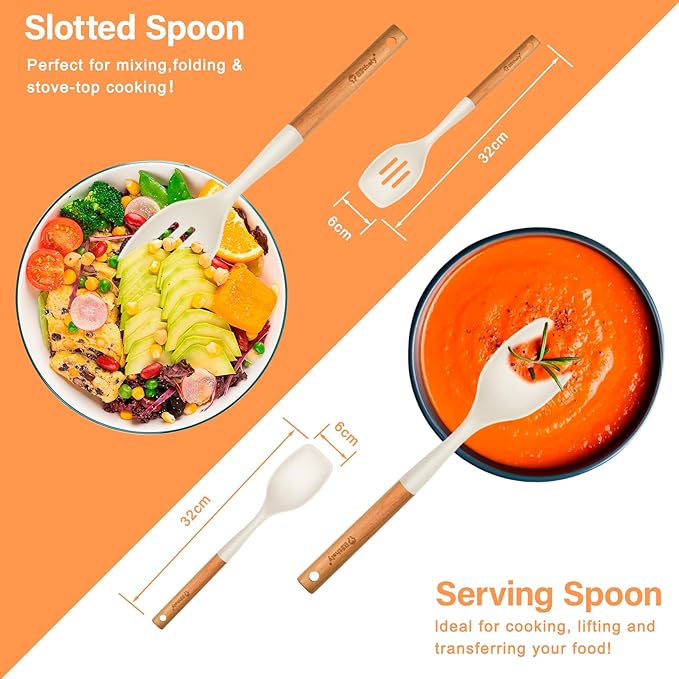 Large Silicone Cooking Spoon Set, 2 Pack Solid Slotted Spoon with Wooden Handle, Nonstick Silicone Kitchen Spoons for Cooking, Heat Resistan Spatula Set for Serving, Basting, Mixing (White)-Ruum Studio Home