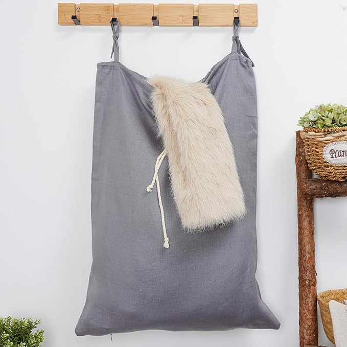 Linen Hanging Laundry Bag, Over The Door Laundry Hamper for Dirty Clothes, Drawstring Closure with Bottom Zipper, Gray-Ruum Studio Home