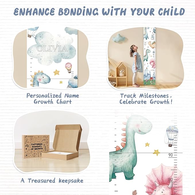 Personalized Name Growth Chart for Kids, Watercolor Dinosaur Height Measurement Chart for Children's Growth, Suitable for Both Boys and Girls, Removable and Easy to Store, Lightweight-Ruum Studio Home