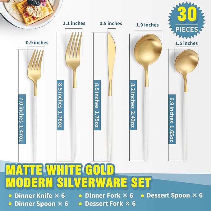 Matte White Gold Silverware Set for 6,Modern Stainless Steel Brushed Cutlery Set,30-Pieces Heavy Duty Flatware Set,Knives Spoons and Forks Set Utensils Set, Satin Finish, Dishwasher Safe-Ruum Studio Home