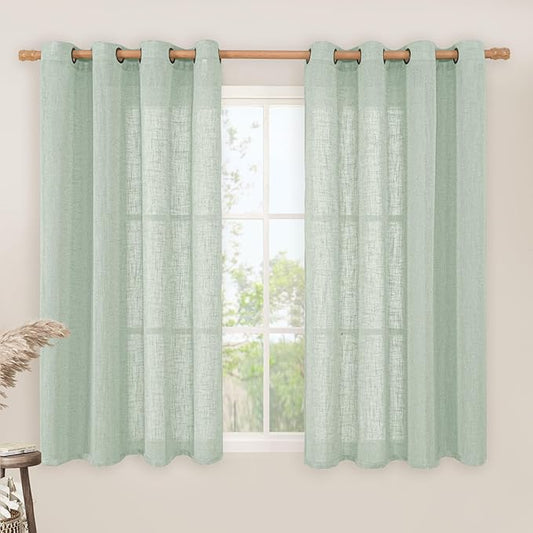 LAMIT Light Sage Linen Curtains 45 Inches Long for Bedroom, Semi Sheer Light Filtering Panels Bronze Grommet Neutral Drapes for Kitchen/Window/Bedroom, 2 Panels Set, 52 x 45 Inch-Ruum Studio Home
