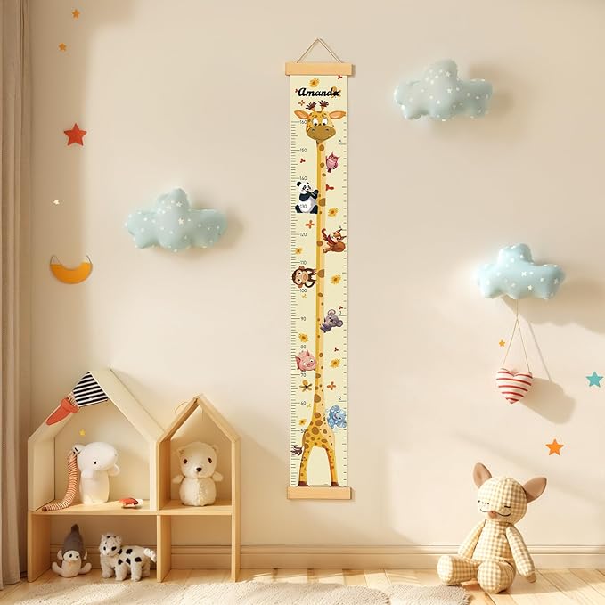 Personalized Name Growth Chart Wall Decor for Kids – Canvas Removable Height Chart Measuring Ruler 59" x 7.9" (Giraffes)-Ruum Studio Home