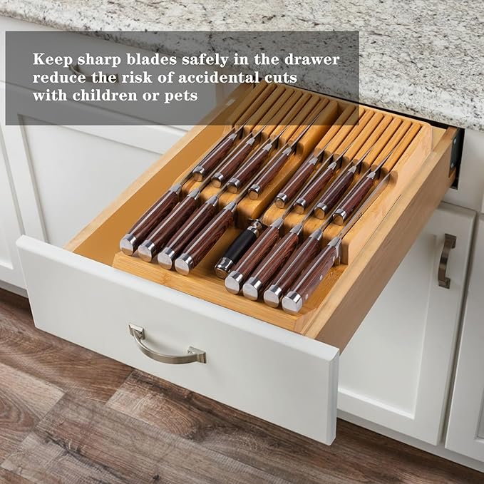 Bamboo Kitchen Drawer Knife Holder, In-drawer Knife Block, Knife Drawer Organizer fit for 16 knives and 1 steel sharpening-Ruum Studio Home