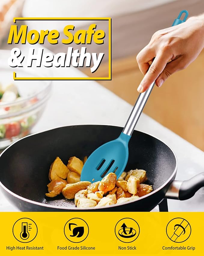 Pack of 2 Large Silicone Cooking Spoons,Non Stick Solid Basting Spoon,Heat-Resistant Kitchen Utensils for Mixing,Serving,Draining,Stirring (BLUE)-Ruum Studio Home