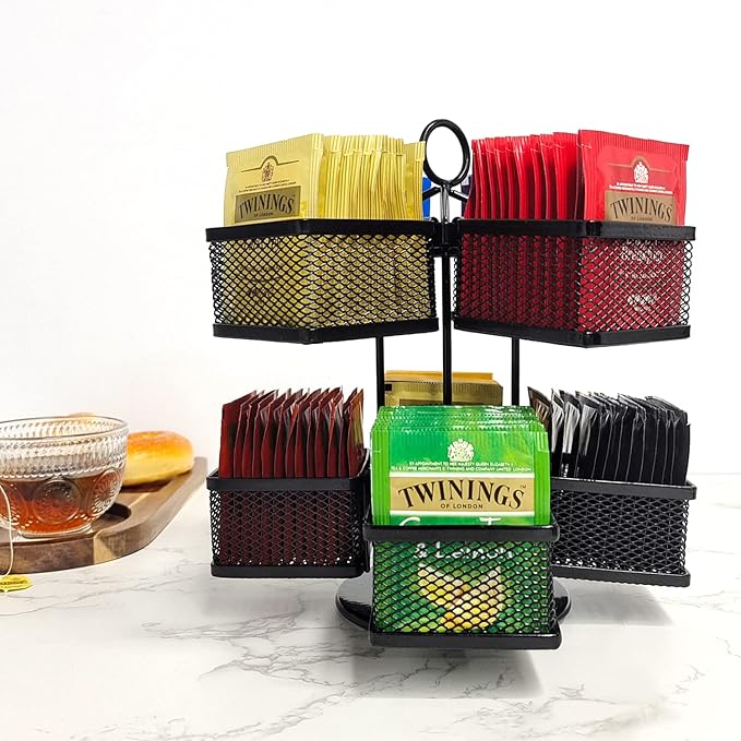 Tea Bag Organizer Coffee Holder Storage Spinning Carousel Basket Black Adjustable Tea Caddy For Kitchen Counter, Countertop, Cabinet-Ruum Studio Home