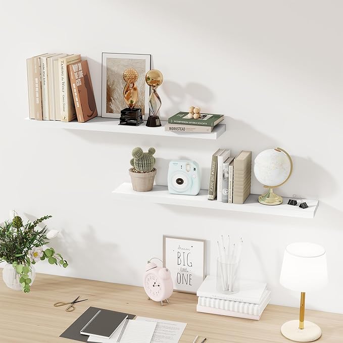 Fun Memories 36Inch Floating Shelves for Wall 2 Pack Wood Shelves for Kitchen, Bathroom, Bedroom Wall Mounted Rustic Wood Floating Shelf with Invisible Brackets for Books, Storage, Decor, White-Ruum Studio Home