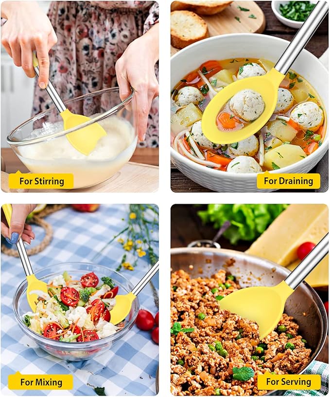 Pack of 2 Large Silicone Cooking Spoons,Non Stick Solid Basting Spoon,Heat-Resistant Kitchen Utensils for Mixing,Serving,Draining,Stirring (YELLOW)-Ruum Studio Home