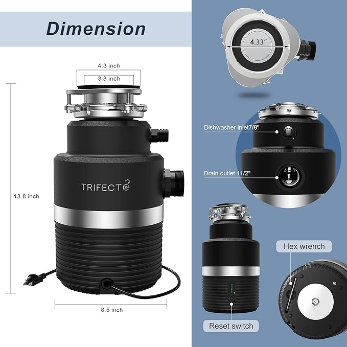 Trifecte Series 1 HP Continuous Feed Garbage Disposal with Sound Reduction, Power Cord, Stainless steel Flange,Splash Guard, Wrench Included, Black-Ruum Studio Home