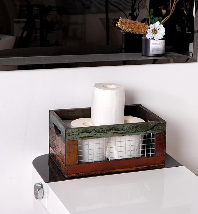 TIMRIS Set of 3 Rustic Wood Nesting Crates, Farmhouse Distressed Wooden Storage Boxes, Decorative Reclaimed Wood Organizer Baskets with Wire Mesh (Random)-Ruum Studio Home